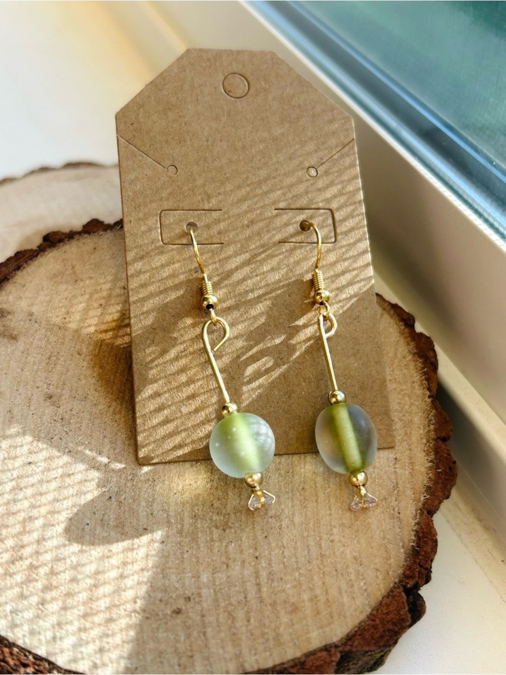 Sea Glass Green Beaded Dangle Earrings Gold Tone Boho Coastal Jewelry